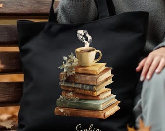 Custom Coffee and Books Zippered Tote, Book Lover Canvas Bag, Book Club Everyday Gift