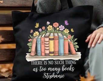 Bolsa de lona con cremallera para amantes de los libros, con frase "Demasiados libros", regalo floral para amantes de los libros
