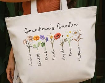 Personalized Grandma’s Garden Zippered Tote Bag, Custom Grandma Gift with Kids Names, Mothers Day Gift for Grandma, Floral Family Tote