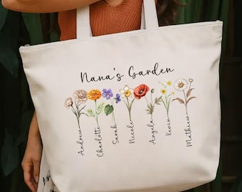 Personalized Nana’s Garden Zippered Tote Bag, Custom Nana Gift with Birth Flowers and Kids Names, Mothers Day Gift for Nana, Family Tote