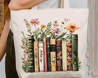 Bolso floral con cremallera, regalo para amantes de los libros, bolso para bibliotecarios, bolso de lona para leer