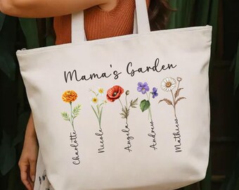 Personalized Mama’s Garden Zippered Tote Bag, Custom Mama Gift with Birth Flowers and Kids Names, Mothers Day Gift for Mama, Family Tote