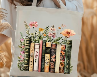 Floral Book Tote Bag,Books Tote Bag,Book Lover Gift,Book Club Gifts,Librarian Appreciation Gift,Bookworm Gift,Book Lover, Bookish Tote Bag