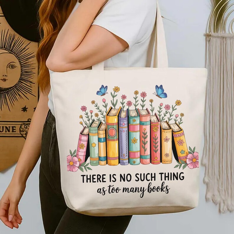 Bookish Zippered Tote, Too Many Books Quote Canvas Bag, Floral Book ...