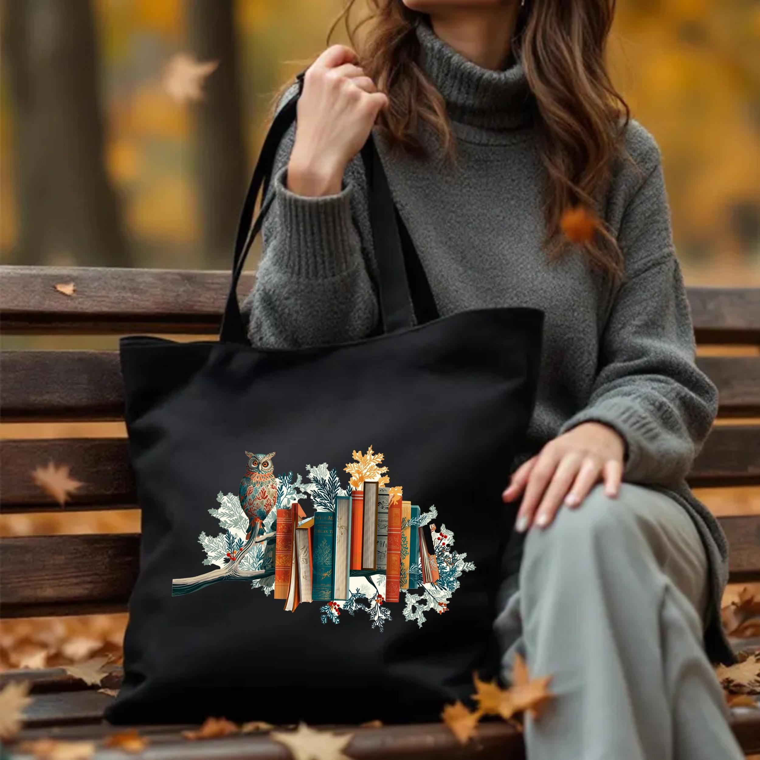 Bookish Owl Zippered Tote, Books Canvas Bag, Reading Lover Everyday Gift