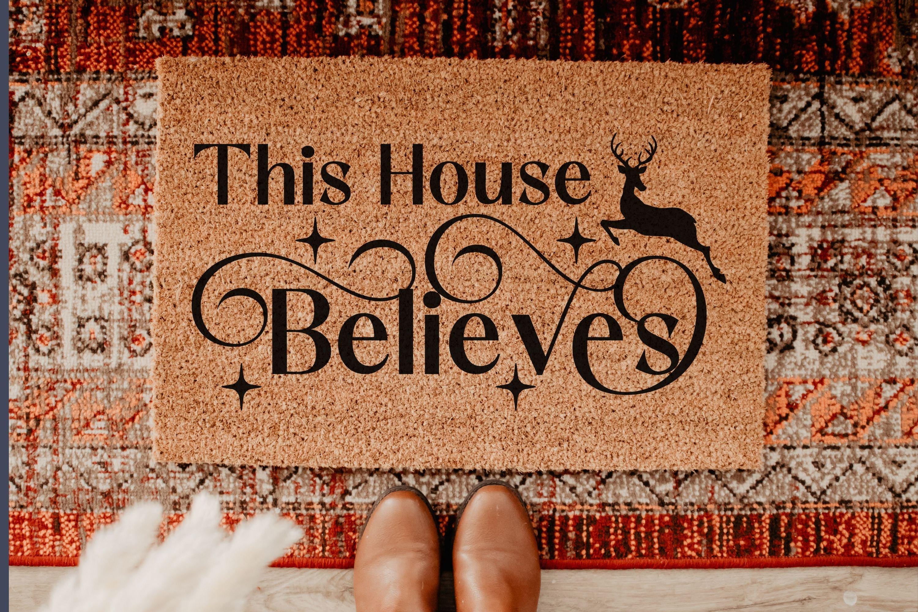 37 Inviting Christmas Front Porch Decor Ideas to Welcome Guests: Festive Ways to Wow Your Neighbors 27 Believe Christmas Welcome Doormat Holiday Doormat Winter Doormat…