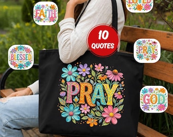 Christian Zippered Tote Bag, Floral Faith Totebag with Inspirational Quotes, Religious Gift Bag HDY104