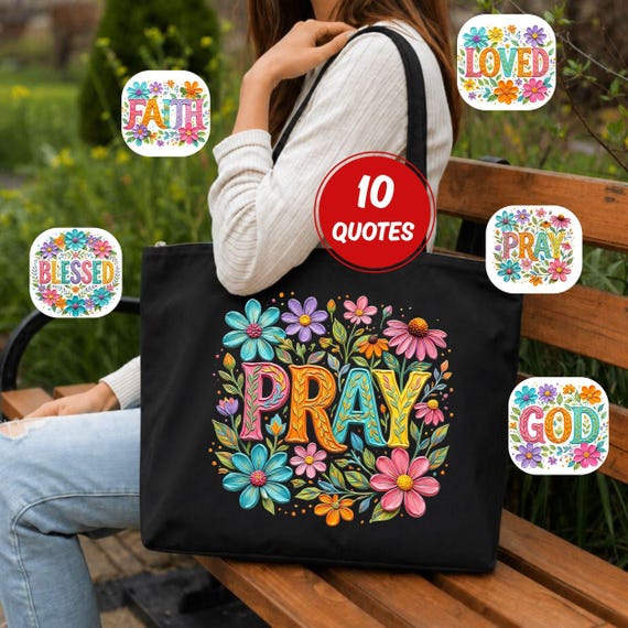 Christian Zippered Tote Bag, Floral Faith Totebag with Inspirational Quotes, Religious Gift Bag HDY104