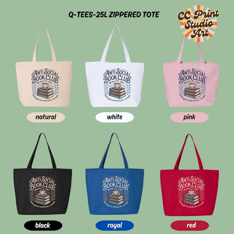 May include: A collection of six zippered tote bags in various colors: natural, white, pink, black, royal blue, and red. Each bag features the text "ANTI SOCIAL BOOK CLUB" with a graphic of books and a teacup. The bags have long handles.