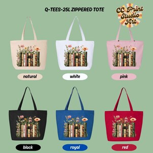 Floral Zippered Tote, Book Lover Gift, Librarian Tote, Reading Canvas Bag image 9