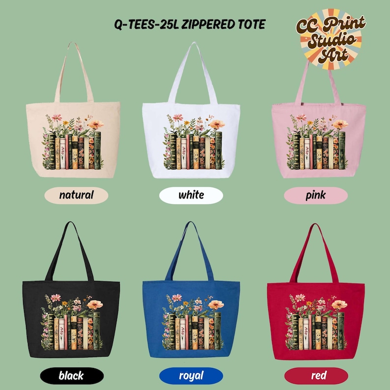 Floral Zippered Tote, Book Lover Gift, Librarian Tote, Reading Canvas Bag image 9
