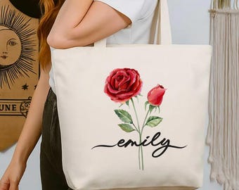 Birth Month Flower Zippered Totebag, Botanical Canvas Tote, Personalized Bridesmaid Bridal Party Gift