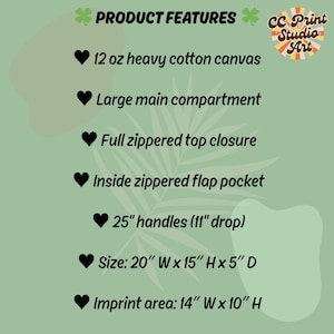 Op de afbeelding: Afbeelding met productkenmerken voor een draagtas. Tekst omvat: 12 oz zwaar katoenen canvas, groot hoofdvak, volledige ritssluiting, binnenvak met ritssluiting, 63.5 cm handvatten (27.9 cm drop), afmetingen: 50.8 cm B x 38.1 cm H x 12.7 cm D, en afdrukgebied: 35.6 cm B x 25.4 cm H.