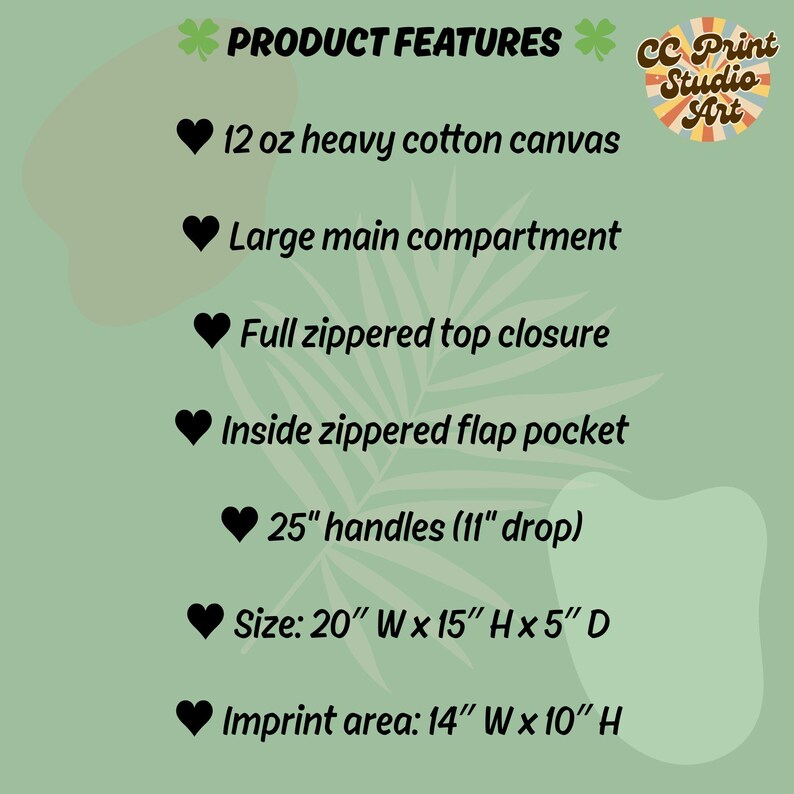 Op de afbeelding: Afbeelding met productkenmerken voor een draagtas. Tekst omvat: 12 oz zwaar katoenen canvas, groot hoofdvak, volledige ritssluiting, binnenvak met ritssluiting, 63.5 cm handvatten (27.9 cm drop), afmetingen: 50.8 cm B x 38.1 cm H x 12.7 cm D, en afdrukgebied: 35.6 cm B x 25.4 cm H.
