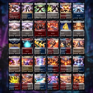 K&ouml;nnte beinhalten: Eine Sammlung von drei&szlig;ig Magic: The Gathering Sammelkarten, die in einem Raster angeordnet sind. Jede Karte zeigt einzigartige Fantasy-Kunstwerke, darunter Roboterfiguren, Landschaften und Strukturen, mit Textbl&ouml;cken zu Spielregeln.