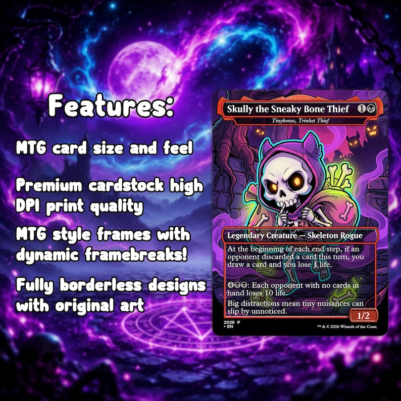 以下が含まれることがあります： 「Skully the Sneaky Bone Thief」をフィーチャーしたマジック：ザ・ギャザリングカード。カードは、漫画のスケルトンキャラクターと紫とオレンジの色使いです。カードテキストには「Legendary Creature - Skeleton Rogue」やその他のゲームの詳細が含まれています。背景は紫と青の銀河です。