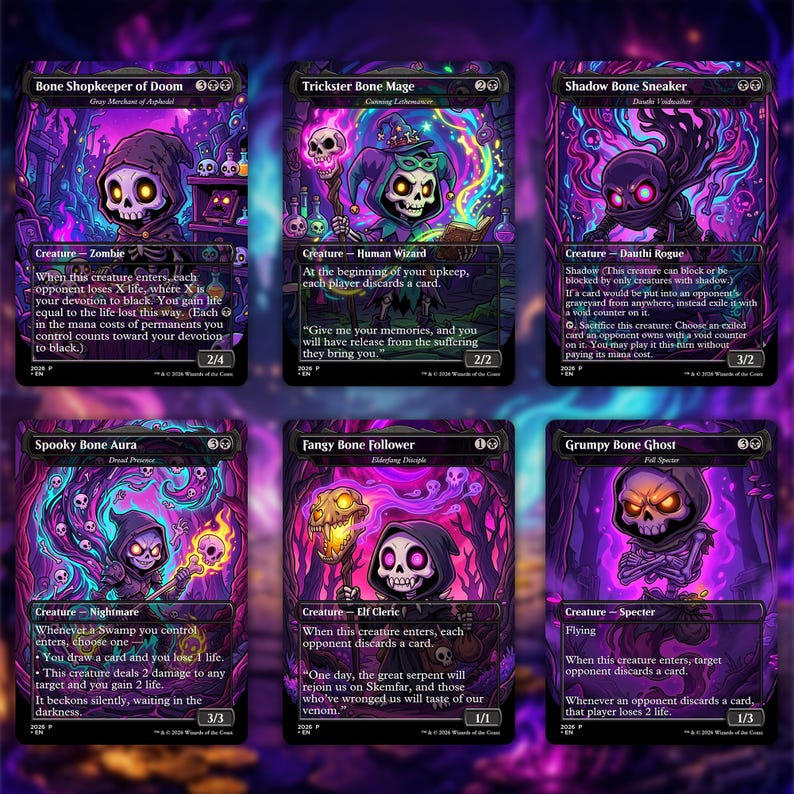 May include: Six Magic: The Gathering cards featuring stylized illustrations of skeleton characters in a fantasy setting. The cards have a dark purple and neon color scheme. Each card has unique artwork and text, with titles like "Bone Shopkeeper of Doom" and "Trickster Bone Mage."