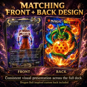 May include: A custom trading card set featuring a front design with Son Goku in a purple aura and a back design displaying a green dragon with orange dragon balls. The text reads MATCHING FRONT + BACK DESIGN and Consistent visual presentation.
