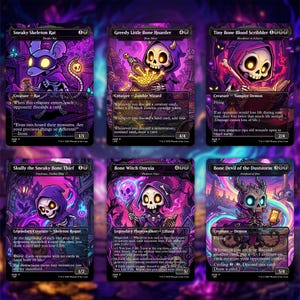 May include: Six fantasy trading cards featuring skeleton characters in a purple and black color scheme. The cards include characters like a rat, a hoarder, a blood scribbler, a thief, a witch, and a devil. Each card has unique artwork and text.