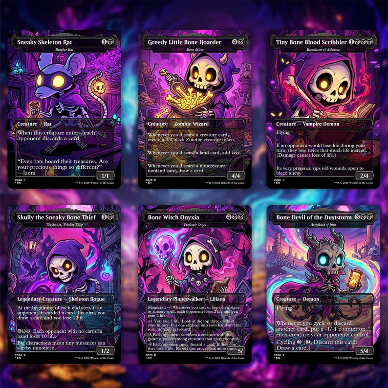 May include: Six fantasy trading cards featuring skeleton characters in a purple and black color scheme. The cards include characters like a rat, a hoarder, a blood scribbler, a thief, a witch, and a devil. Each card has unique artwork and text.