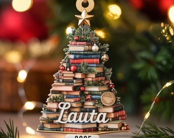 Christmas Book Tree Christmas Ornament, Custom Bookish Ornament with Name, Book Lover Gift, Book Ornament, Gift for Readers and Book Lovers