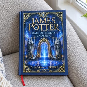 Könnte beinhalten: Ein gebundenes Buch mit dem Titel James Potter and the Hall of Elders' Crossing von G. Norman Lippert. Der dunkelblaue Einband zeigt einen goldverzierten Torbogen, zwei Steinstatuen und blaues Licht. Ein rotes Lesebändchen hängt unten heraus.