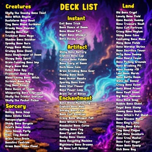 May include: A deck list with various card names categorized under Creatures, Sorcery, Instant, Artifact, Enchantment, and Land. The text is in a colorful, fantasy-themed design with a purple and blue background.