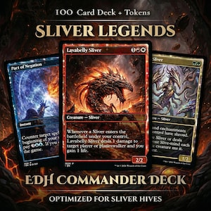 Puede incluir: Imagen promocional de un juego de cartas con tres cartas ilustradas. Las cartas se titulan "Lavabelly Sliver", "Pact of Negation" y "Sliver". El texto de las cartas incluye instrucciones del juego y la frase "EDH Commander Deck".