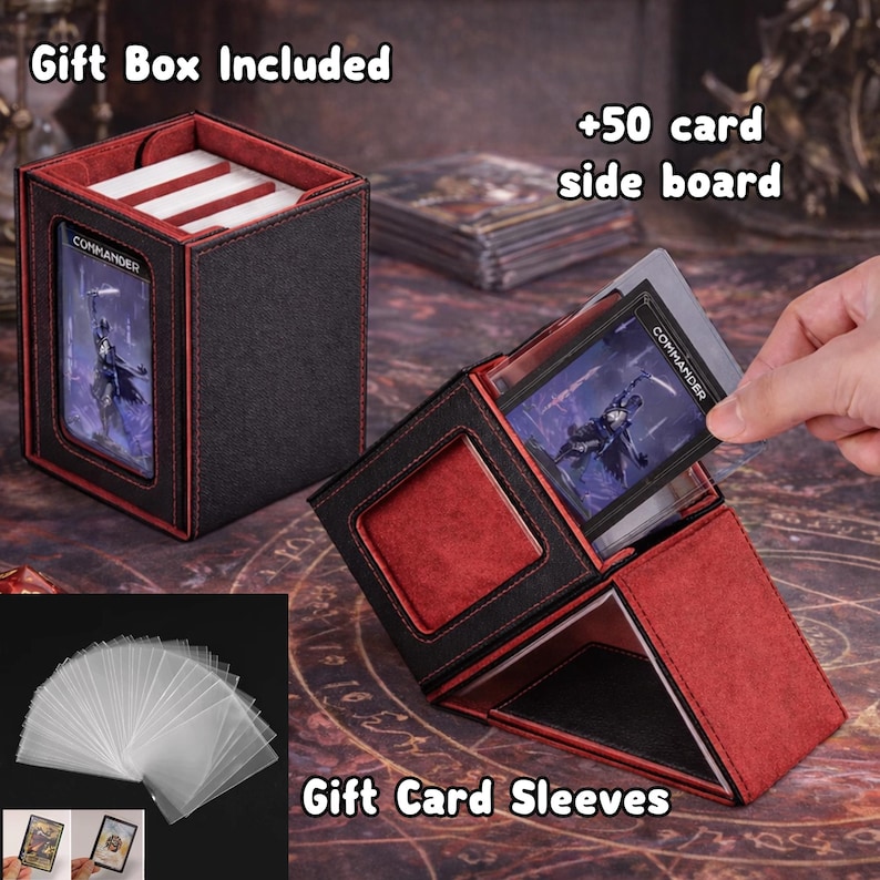 K&ouml;nnte beinhalten: Eine schwarz-rote Deck-Box f&uuml;r Sammelkarten mit einem Sichtfenster, das eine Commander-Karte zeigt. Das Set enth&auml;lt eine Geschenkbox, ein Seitenfach f&uuml;r 50 Karten sowie einen Stapel transparenter Schutzh&uuml;llen f&uuml;r Spielkarten.