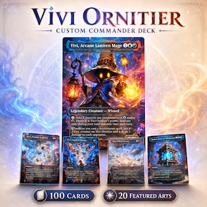 Puede incluir: Un mazo de Commander personalizado de Vivi Ornitier que incluye 100 cartas y 20 artes destacados. La carta central muestra a Vivi, Arcane Lantern Mage, una criatura legendaria mago con ojos brillantes, un sombrero grande y una linterna.