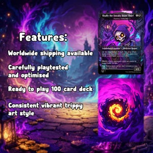 May include: A fantasy-themed card deck with a vibrant, trippy art style. The image features a card with a skeleton rogue character and the text "Skully the Sneaky Bone Thief." Additional text highlights features like a 100-card deck.