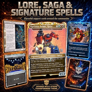 K&ouml;nnte beinhalten: Eine Sammlung von Magic: The Gathering-Sammelkarten mit Optimus Prime, Hero, Chronicles of Primus, Hall of the Primes und Prime's Guardianship. Die Karten zeigen detaillierte Roboterillustrationen, Spieltext und das Transformers-Logo.