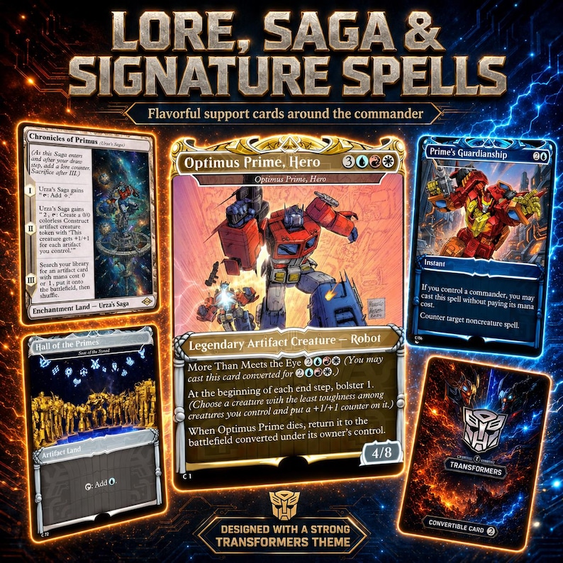 K&ouml;nnte beinhalten: Eine Sammlung von Magic: The Gathering-Sammelkarten mit Optimus Prime, Hero, Chronicles of Primus, Hall of the Primes und Prime's Guardianship. Die Karten zeigen detaillierte Roboterillustrationen, Spieltext und das Transformers-Logo.