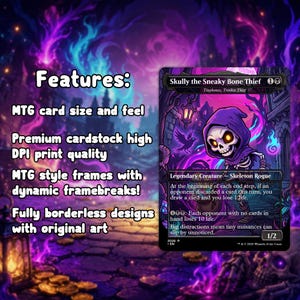 May include: A Magic: The Gathering card featuring "Skully the Sneaky Bone Thief." The card has a purple and black color scheme with a skeleton character wearing a purple hood. The card text includes "Legendary Creature - Skeleton Rogue" and other game details.