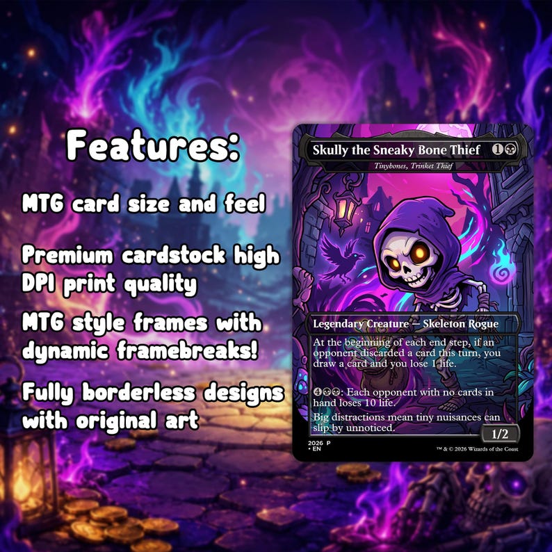May include: A Magic: The Gathering card featuring "Skully the Sneaky Bone Thief." The card has a purple and black color scheme with a skeleton character wearing a purple hood. The card text includes "Legendary Creature - Skeleton Rogue" and other game details.