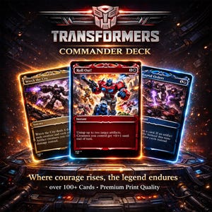May include: Promotional image for a Transformers Commander Deck, featuring three trading cards. The cards depict action scenes of Transformers characters, set against a futuristic backdrop. The Transformers logo is at the top. Text on the cards includes "Roll Out!" and "Rapid Orders."