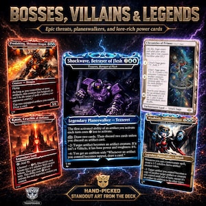 K&ouml;nnte beinhalten: Eine Werbedarstellung mit vier Magic: The Gathering-Karten zum Thema Transformers mit den Titeln Predaking, Shockwave, Kaon und Windblade. Die Karten sind vor einem dunklen, blitzgeladenen Hintergrund mit dem Text BOSSES, VILLAINS & LEGENDS angeordnet.