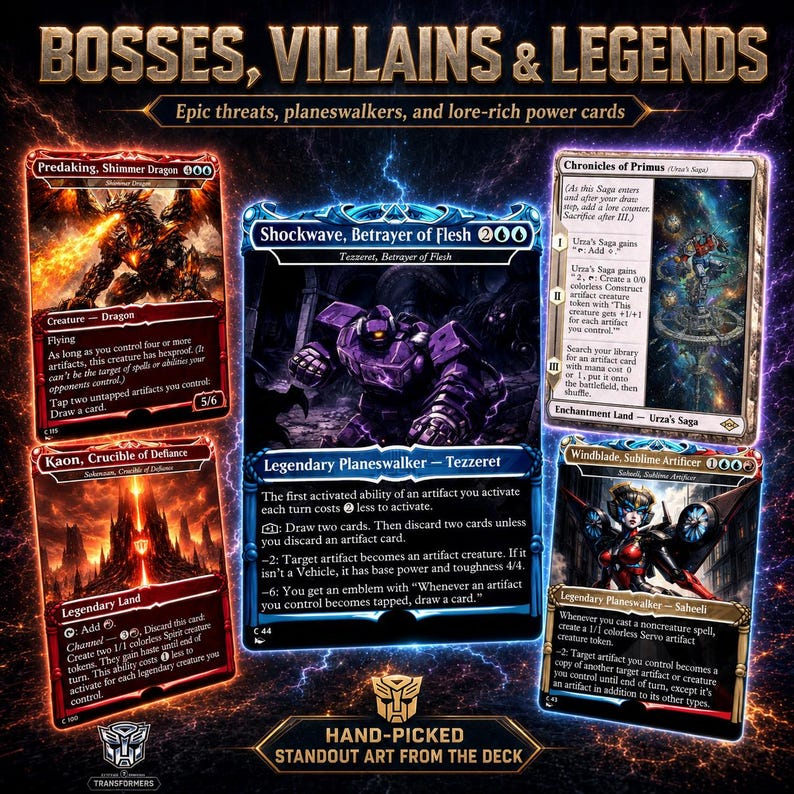 K&ouml;nnte beinhalten: Eine Werbedarstellung mit vier Magic: The Gathering-Karten zum Thema Transformers mit den Titeln Predaking, Shockwave, Kaon und Windblade. Die Karten sind vor einem dunklen, blitzgeladenen Hintergrund mit dem Text BOSSES, VILLAINS & LEGENDS angeordnet.