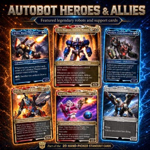 K&ouml;nnte beinhalten: Eine Sammlung von f&uuml;nf Transformers-Sammelkarten mit dem Titel Autobot Heroes & Allies, die Jetfire, Ultra Magnus, Wheeljack, Drift, Arcee und Sky Lynx zeigen. Jede Karte enth&auml;lt detaillierte Roboterillustrationen, Text und Spielstatistiken.