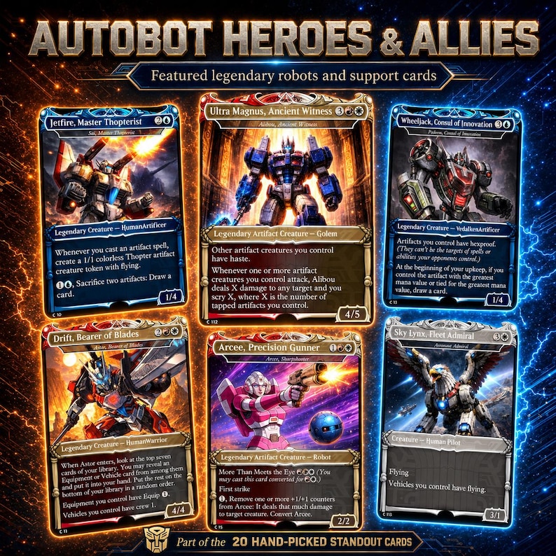 K&ouml;nnte beinhalten: Eine Sammlung von f&uuml;nf Transformers-Sammelkarten mit dem Titel Autobot Heroes & Allies, die Jetfire, Ultra Magnus, Wheeljack, Drift, Arcee und Sky Lynx zeigen. Jede Karte enth&auml;lt detaillierte Roboterillustrationen, Text und Spielstatistiken.