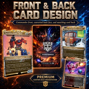 K&ouml;nnte beinhalten: Eine individuelle Kartendeck-Pr&auml;sentation mit Transformers-Sammelkarten. Die Anzeige zeigt Optimus Prime, Hero, eine konvertierte R&uuml;ckseite und Arcee, Precision Gunner. Der Text umfasst FRONT & BACK CARD DESIGN und PREMIUM CUSTOM DECK PRESENTATION.