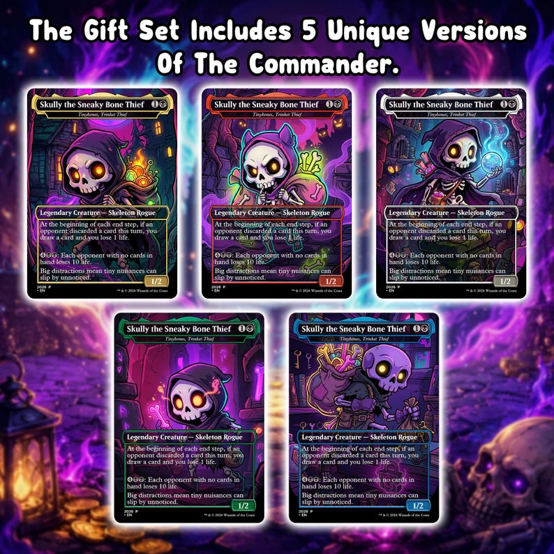 May include: A gift set featuring five unique versions of "Skully the Sneaky Bone Thief" cards. Each card showcases a cartoon skeleton character in a hooded cloak, with vibrant purple, green, and orange backgrounds. The text on the cards describes the game mechanics.