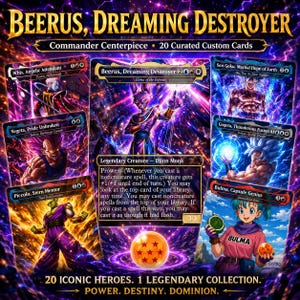 May include: A collection of custom trading cards featuring Dragon Ball characters including Beerus, Whis, Vegeta, Piccolo, Son Goku, Gogeta, and Bulma. The cards display vibrant purple and orange energy effects, character names, and game text.