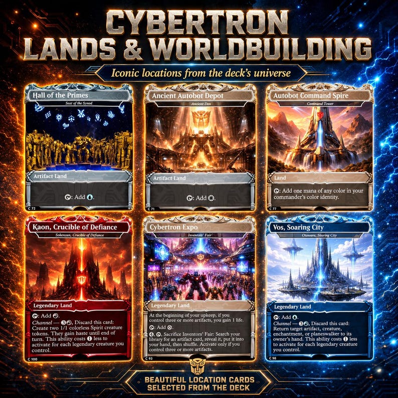 K&ouml;nnte beinhalten: Eine Sammlung von sechs Cybertron Lands & Worldbuilding Sammelkarten mit Illustrationen von Hall of the Primes, Ancient Autobot Depot, Autobot Command Spire, Kaon, Cybertron Expo und Vos, Soaring City inklusive detailliertem Spieltext und Symbolen.