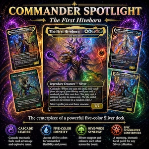 May include: A collection of five Magic: The Gathering trading cards featuring The First Hiveborn as the centrepiece, surrounded by Velysara, Echo Matriarch, Prismcarapace Sentinel, Nehrix, Spawnloom Herald, and Xaldrith, Caste Tyrant, all with cosmic art.