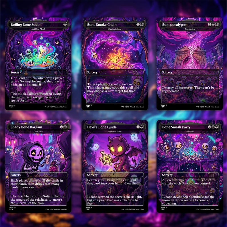 May include: Six Magic: The Gathering cards with fantasy art. The cards feature illustrations of skeletons, demons, and other fantastical creatures in a purple and black color scheme. The text on the cards includes phrases like "Boiling Bone Soup" and "Bone Smoke Chain."