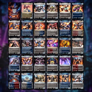 K&ouml;nnte beinhalten: Eine Sammlung von drei&szlig;ig Transformers-Sammelkarten in einem Raster, die verschiedene Roboterfiguren in dynamischen Posen mit detaillierten Metallr&uuml;stungen, leuchtenden Energieeffekten und Textbl&ouml;cken mit Spielstatistiken zeigen.