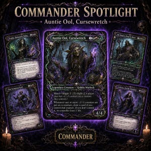 Könnte beinhalten: Eine Commander Spotlight-Anzeige mit fünf Magic: The Gathering-Karten mit dunklen, violett leuchtenden Rändern. Die zentrale Karte ist Auntie Ool, Cursewretch, umgeben von Vraska, Betrayal's Sting, The Reaper, King No More, The Scorpion God und Liliana, Death Wielder.