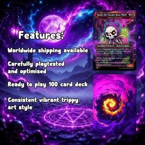 以下が含まれることがあります： ファンタジーをテーマにしたカードで、「Skully the Sneaky Bone Thief」というスケルトンのローグキャラクターが登場します。カードは鮮やかでトリッピーなアートスタイルで、紫と緑の色合いです。カードのテキストは能力について説明しています。画像には「Features:」というテキストも含まれています。