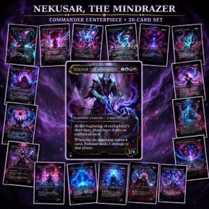 Puede incluir: Un set de 20 cartas titulado Nekusar, the Mindrazer Commander Centerpiece, con ilustraciones de fantasía oscura y energía mágica en tonos violeta y azul. Cada carta muestra detalles, texto y símbolos de maná sobre un fondo negro.
